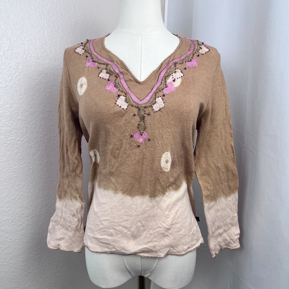 Vintage Y2K Boho Top Womens Medium Embellished Floral Sheer Back Fairy Grunge